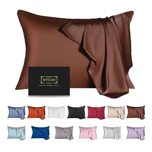 Mulberry Silk Pillowcase for Hair and Skin,Standard Size Cooling Silk Pillow Case with Hidden Zipper,Allergen Proof Dual Sides Soft Breathable Smooth Silk Pillow Cover for Women(Standard,Coffee)