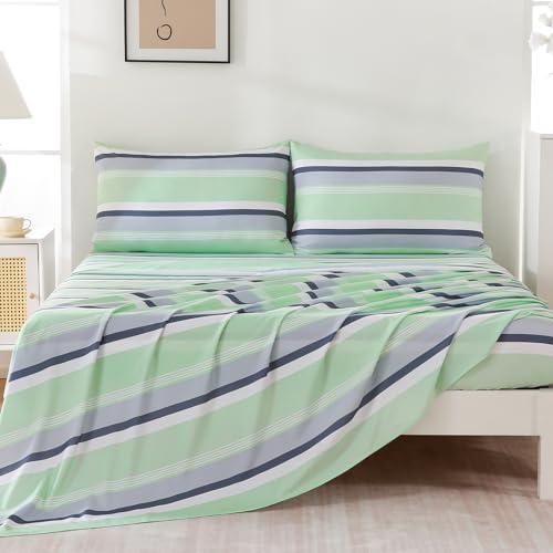 "MCO 4Pieces Striped Sheets Set, Breathable Queen Sheet Set with 16"" Deep Pocket,Modern & Luxury, Brushed Microfiber Bedding Set(Queen, Green Gray)"
