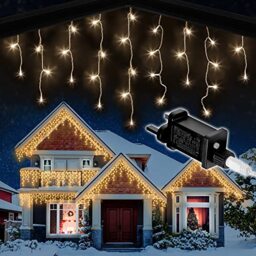 NETTA Icicle Lights Outdoor Christmas 480 LED 15m Lit Length, Warm White Icicle Fairy House Lights with Memory, 8 Hours On Timer, 8 Lighting Modes, Mains Powered – 480 LED, Warm White