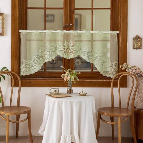 "WUBODTI Sage Green Lace Swag Curtains for Kitchen, Sheer Floral Embroidery Window Valances Hollow Knitted Home Decor Lace Valance Curtains for Living Room Bathroom Cafe Small Windows, 63"" Wx24???L"