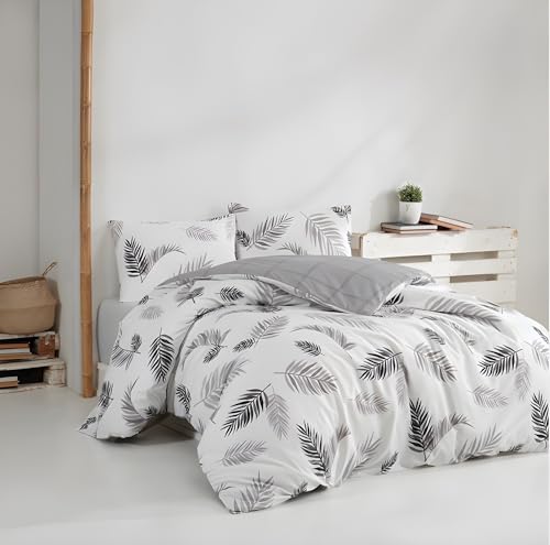 Nuit Des Rêves Ranforce Single XL Quilt Cover Set (155 x 200 cm), 100% Cotton, Grey & White, Machine Washable, 140 Thread Count, Button & Envelope Closure, Cosy & Stylish Bedding