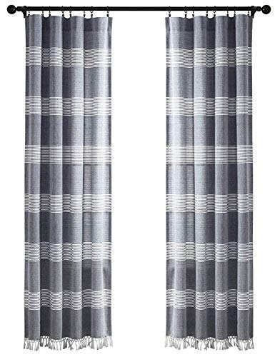"Lush Decor, Navy Tucker Stripe Yarn Dyed Cotton Knotted Tassel Window Curtain Panel Pair, 84"" x 40"""