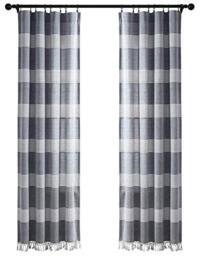 "Lush Decor, Navy Tucker Stripe Yarn Dyed Cotton Knotted Tassel Window Curtain Panel Pair, 84"" x 40"""