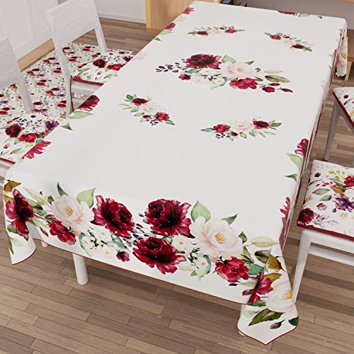 PETTI Artigiani Italiani - Stain Resistant Tablecloth Rectangular 140x180 cm 6 Seats, Wipe Clean Microfibre Kitchen Table Cover, Floral 07 Design Burgundy Flowers, 100% Made in Italy
