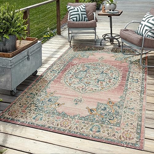 Mias Teppiche Mia's Bliss Rugs, Robust Outdoor Rug, Modern Design, Weatherproof and UV-Resistant, for Balcony, Patio and Conservatory, but also Suitable for Kitchen or Dining Room, Pink, 120 cm Round