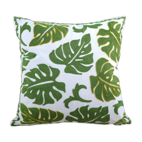 Hodeco Embroidery Throw Pillow Cover 18x18 Tropical Leaves Home Decor Monstera Leaf Embroidered Green Floor Pillow Cover for Couch Sofa Chair 100% Cotton Cushion Cover Pillow Case 45x45cm, 1 Piece