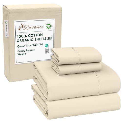 "Ruvanti 100% Organic Cotton Sheets Queen Size Set, 4 Pieces, Soft & Breathable Percale Weave Bedding, Deep Pocket 16"" Hotel Standard, Crisp Cool Feeling, Durable, Dyed Sheet, Cloud Cream"