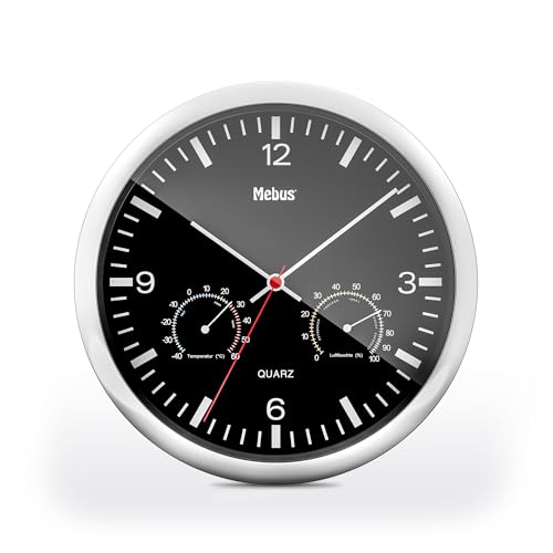 Mebus Quartz Wall Clock with Thermometer and Hygrometer/Silver Frame/Black Dial/25 cm Diameter/Round/Model: 56731/Colour: Silver, Black