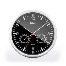 Mebus Quartz Wall Clock with Thermometer and Hygrometer/Silver Frame/Black Dial/25 cm Diameter/Round/Model: 56731/Colour: Silver, Black