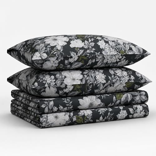Tribeca Living Twin XL Bed Sheet Set, 300 Thread Count Soft Cotton Sateen, Floral Print with Extra Deep Pockets, 3-Piece Bedding Set, Vernazza Charcoal/Multicolor