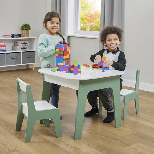 Liberty House Toys Kids Wooden 4-in-1 Play Table and Two Chairs Set, White & Green, Construction Play, H50 x W60 x D60cm