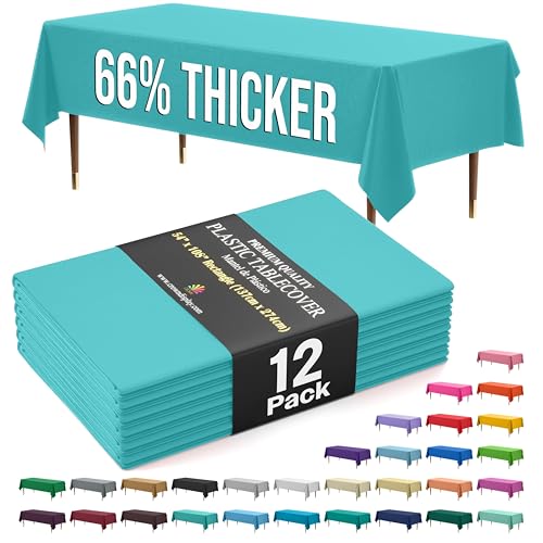 Exquisite 66% Thicker Premium Plastic Table Cloth Rectangle Table Cover 0.5 Mil 12 Pack Aqua Table Cloth 54 Inch x 108 Inch reusable Tablecloth Won't Tear Easily Like Cheap Thin Brands