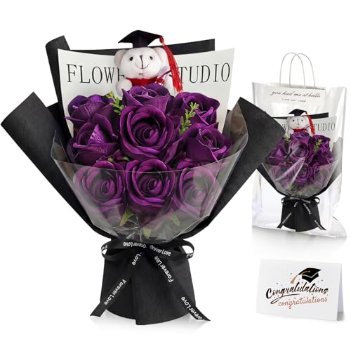 Giegxin 3 Pcs Graduation Bear Flower Bouquet Set Includes Artificial Roses Flower Bouquet Mini Plush Bear with Grad Cap Greeting Card Gift Bag for 2025 Graduation Party Favors Supplies(Purple)