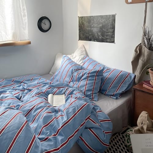 MKXI Blue & Red Vertical Stripe Duvet Cover Twin XL - 3-Piece 100% Cotton Textured Bedding Set, Modern Coastal Vintage Aesthetic, Zipper Closure & Corner Ties