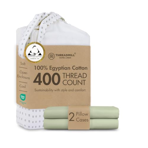 Threadmill Home Linen 400 Thread Count 100% Cotton Sheets Set of 2 Standard Pillow Cases, Luxury Smooth Solid Sateen, Sage Green