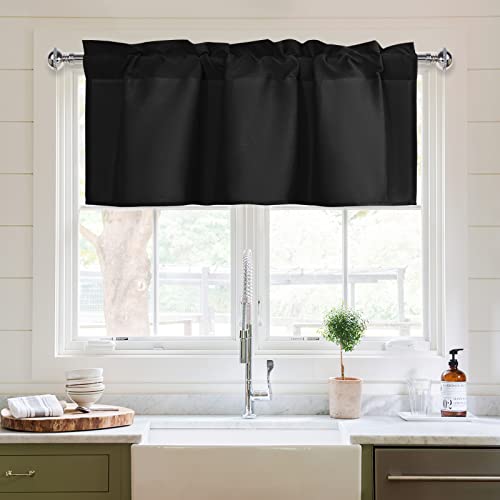 XWZO Kitchen Valances Curtains for Windows Living Room Bedroom Bathroom Toppers Farmhouse Style Rustic Dinning Room Blackout Thermal Insulated Rod Pocket, W42 x L16 Inch Length, Black, 1 Panel.