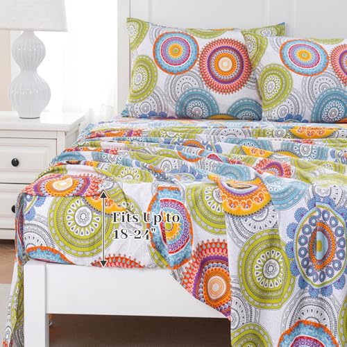 MEISHANG King Sheet Set - Ultra Soft Floral Sheets Extra Deep Pocket Fitted 18-24 Inch 100% Microfiber,1800 Thread Count Floral Bed Sheets Oeko-Tex Certificated 4 Pieces - Mandala