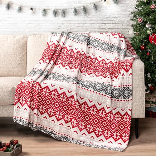 PAVILIA Christmas Throw Blanket - Holiday Christmas Red Fleece Blanket - Soft, Plush, Warm Winter Cabin Throw, 60x80 (Red Snowflakes)