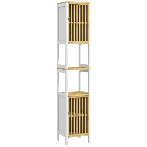 HOMCOM Tall Bathroom Storage Cabinet, Slim Bamboo Bathroom Cabinet with 2 Open Compartments, 2 Slatted Doors and Adjustable Shelves, White