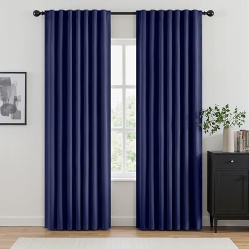 ANRODUO Back Tab Blackout Curtains for Bedroom Living Room, Rod Pocket Pinch Pleated Thermal Insulated Room Darkening Curtains 96 Inches Long 2 Panels, Navy Blue, 42 x 96 Inch
