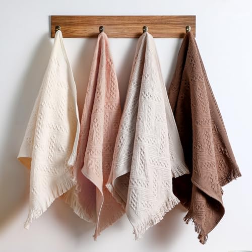 HunnmingRe 4 Pack Boho Hand Towel for Bathroom Kitchen 14x30 Inch 100% Turkish Cotton Summer Boho Decorative Towel Waffle Farmhouse Bathroom Decor Absorbent Soft Guest Gift(Beige, Gray, Curry, Pink)