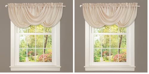 Lush Decor Neutral Lucia Valance Draped Soft Brushed Fabric, Window Kitchen Curtain (Single), 18” Long x 42” Wide (Pack of 2)