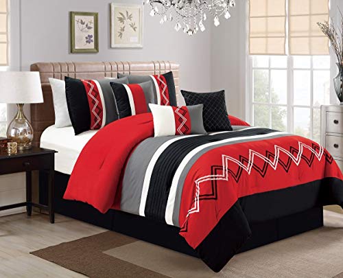 Chezmoi Collection Arden 7-Piece Modern Pleated Stripe Embroidered Zigzag Bedding Comforter Set (Full, Red/Black/Gray/Off-White)