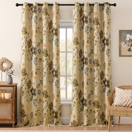 XiDi Beige Floral Patterned Curtains Blackout 96 Inches Long 2 Panels for Bedroom Vintage Thermal Insulated Luxury Curtains with Botanical Leaf Printed Design Grommet Drapes Beige 52x96