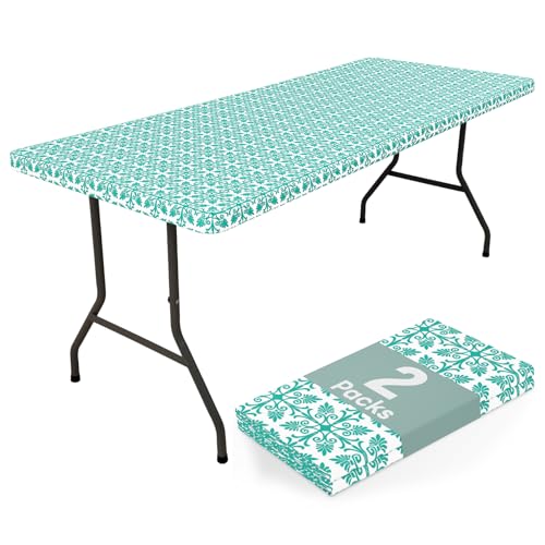 "misaya 2 Pack 6 Foot Rectangle Picnic Tablecloth, Elastic Fitted Waterproof Table Cover, Windproof Washable Polyester Table Cloth for Camping, Indoor and Outdoor???Teal, 30""x 72"""
