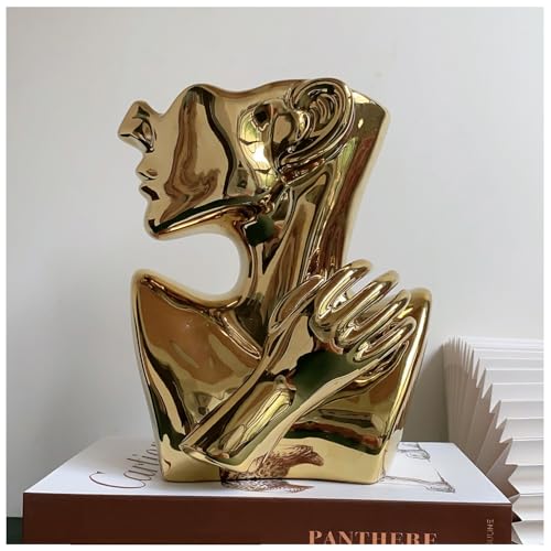 Funsoba Ceramics Statue Flower Vase Face Pots Bust Head Shaped for Birthday Gifts Home Office Decoration (Gold)