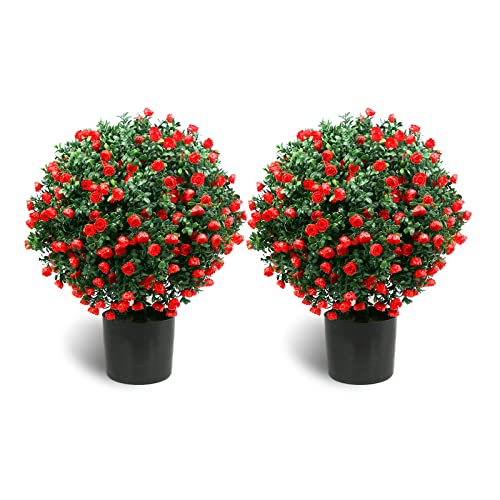 Sunnyglade 21.6??? Tall Artificial Rose Topiary Ball Tree Set of 2 Pack Potted Bushes UV Resistant Potted Plants for Indoor Outdoor Home Garden(Red)
