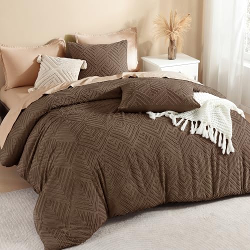 Litanika California King Comforter Set, 3 Pcs Brown Tufted Boho Bedding Set - Farmhouse Shabby Chic Vintage Bohemian Textured Aesthetic Soft Fluffy Lightweight Breathable All Season Bed Set