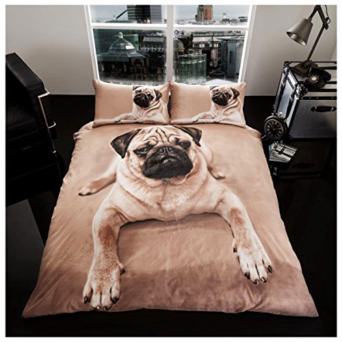 Gaveno Cavailia WILDLIFE 3D PUG DOG Bed Set with Duvet Cover and Pillow Case, Polyester-Cotton, Multi, King