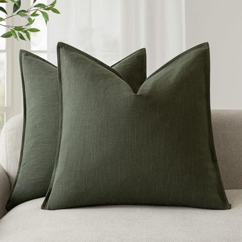 Foindtower Pack of 2, Decorative Linen Solid Throw Pillow Covers Soft Accent Cushion Case Farmhouse Neutral Pillowcase for Chair Couch Sofa Bedroom Living Room Home Decor 24 x 24 Inch Dark Olive Green