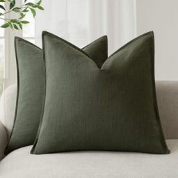 Foindtower Pack of 2, Decorative Linen Solid Throw Pillow Covers Soft Accent Cushion Case Farmhouse Neutral Pillowcase for Chair Couch Sofa Bedroom Living Room Home Decor 24 x 24 Inch Dark Olive Green
