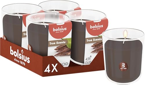 Bolsius - Oud Wood - Brown - Set of 4 Scented Candles - 9.7 x 8.5 cm - Burn time: 45 Hours - with Natural extracts - Natural Vegetable Wax - Palm Oil Free
