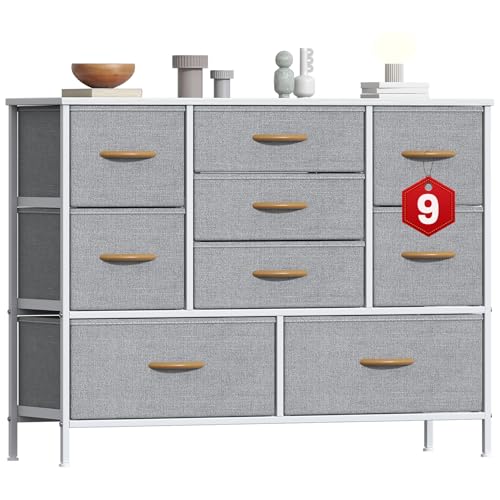 GoaHi Chest of Drawers, Large Dressers with Metal Frame and MDF Wooden Top Board, Adjustable Feet, Anti-Tip Safety, Storage Unit with 9 Drawers for Bedroom, Living Room, Closet, Office Light Gray