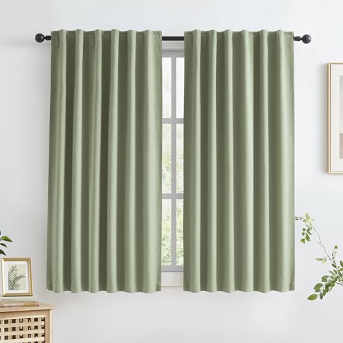 KEQIAOSUOCAI Sage Green Blackout Linen Curtains for Kitchen Doors 45 Inches Long, Back Tab Hook Belt Short Cafe Farmhouse Drapes for Bedroom Laundry 50 Inch Wide x 45 Inch Length, 2 Panels