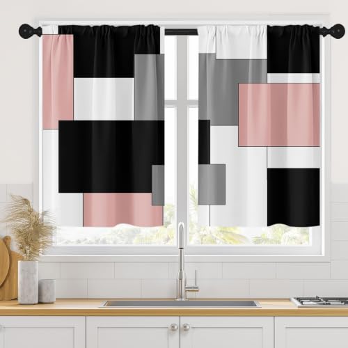 Tayney Pink Kitchen Curtains 36 Inch Length Dark Grey White Window Curtains Over Sink Set of 2, Modern Short Tier Curtain for Kitchen, Abstract Geometric Art Small Kitchen Decor