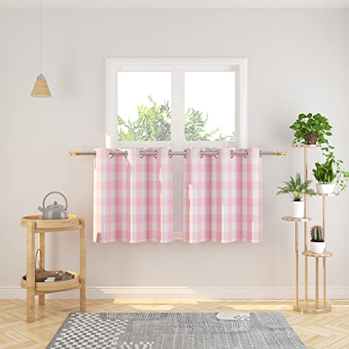 Natus Weaver Tier Curtains 24 inches Long Buffalo Check Gingham Plaid Kitchen Window Curtain Panels Bathroom Grommet Top Window Treatment 2 Panels Pink and White