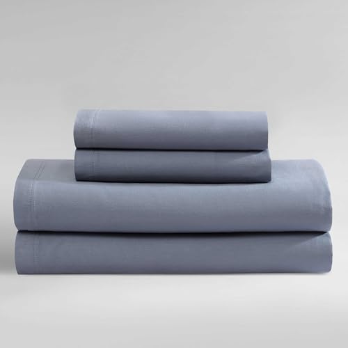 Calvin Klein - Queen Bed Sheets, 100% Organic Cotton Sateen Bedding Set with Deep Pockets, 300-Thread Count Silky Bedding Essentials (Organic Earth Dusk Blue, Queen)