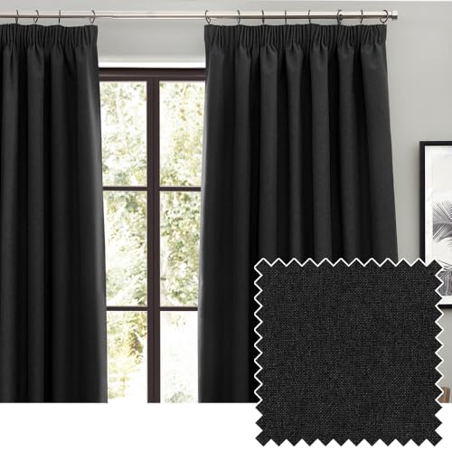 furn. Dawn Textured Blackout Pencil Pleat Curtains – Thermal Lined Pair (Black - Width 117 x Drop 137cm)
