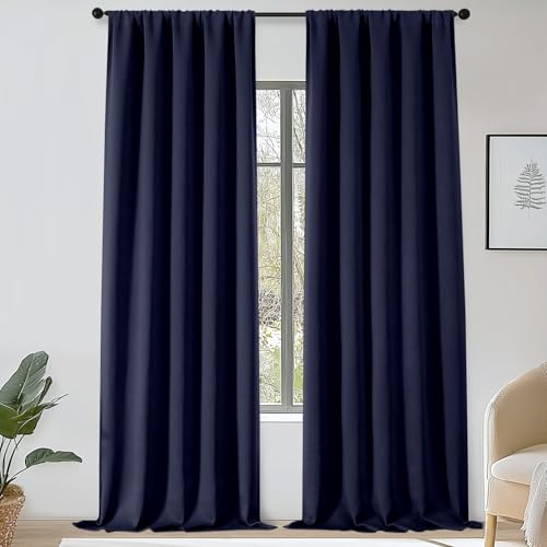 OWENIE Sally Extra Navy Blue Blackout Curtains 108 Inches Long 2 Panels Set for Bedroom Living Room, Solid Thermal Insulated Privacy Room Darkening Window Treatment Drapes, 2 Pcs Each W50 x L108 Inch