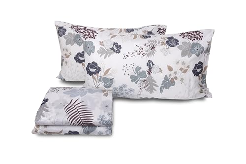 zer0bed Double Bed Linen Set in Cotton Floral Design, Made in Italy, Top Sheet + Fitted Sheet + Pair of Pillowcases, 100% Cotton, Indigo