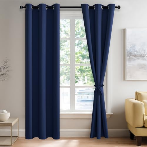 JIUZHEN Blackout Curtains with Tiebacks - Thermal Insulated, Light Blocking and Noise Reducing Grommet Curtain Drapes for Bedroom and Living Room, Set of 2 Panels, 42 x 84 Inches Long, Navy Blue
