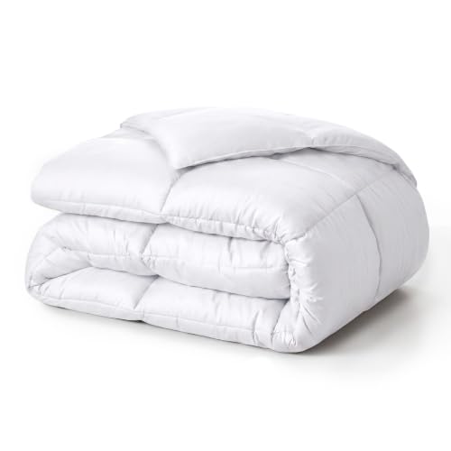 Superior Brushed Microfiber Solid Comforter, Down Alternative Bedding, Reversible, Medium Weight, Fluffy, Decorative, Plush Duvet Insert, Oversized Blanket, Box Quilt Design, Twin, White