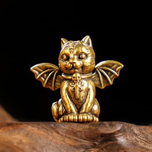CHOVY Retro Handcrafted Evil Cat Sculpture - 100% Solid Brass Demon Cat Figurine with Wings & Fangs - Gothic Dark Fantasy Desktop Decor, Collectible Art Piece Unique Gift