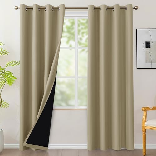 Bonzer 100% Blackout Curtains Thermal Insulated - Light Blocking Window Drapes with Black Laminated Backing, Privacy Protection Single Layer for Bedroom/Living Room, 54 x 95 Inch, Taupe, 2 Panels
