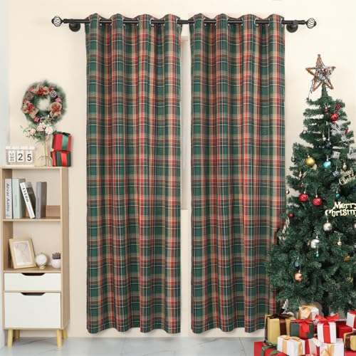 "Moslovstar Tartan Curtains Set of 2 Classic Scottish Curtains Semi Blackout Grommets Top Machine Wash, Green 52"" W x 72"" L"