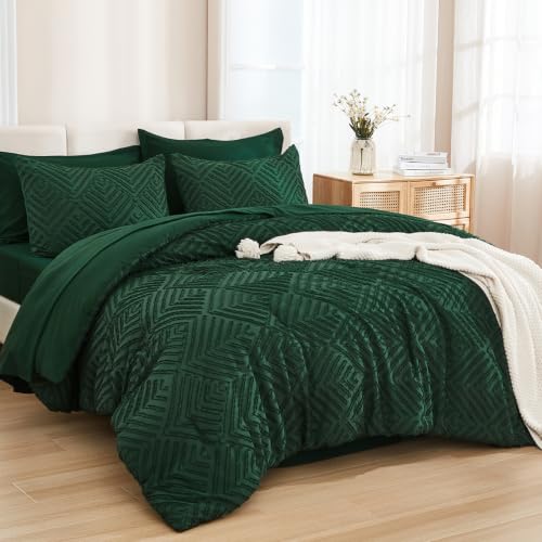 Andency Full Size Comforter Set 7 Pieces, Dark Emerald Green - 7 Pieces, Bed in a Bag Full, Soft Lightweight Fluffy Polyester, Elegant Boho Tufted Reversible Bedding Set, All Season
